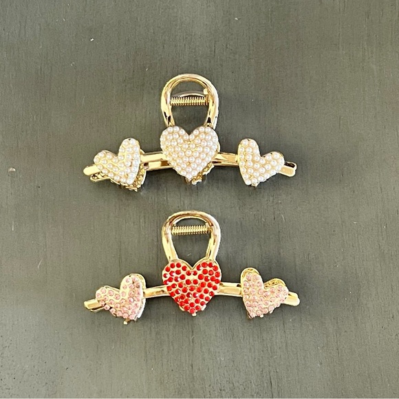 Red Heart Cupid Allover Rhinestone Pink Pearl Arrow 4“ Lobster Claw Hair Clip - Picture 4 of 4